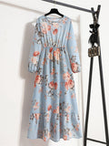 Women Elegant Floral Printed Long Dresses Spring Summer Casual O Neck Long Sleeve Ladies Chic High Waist A Line Beach Dresses