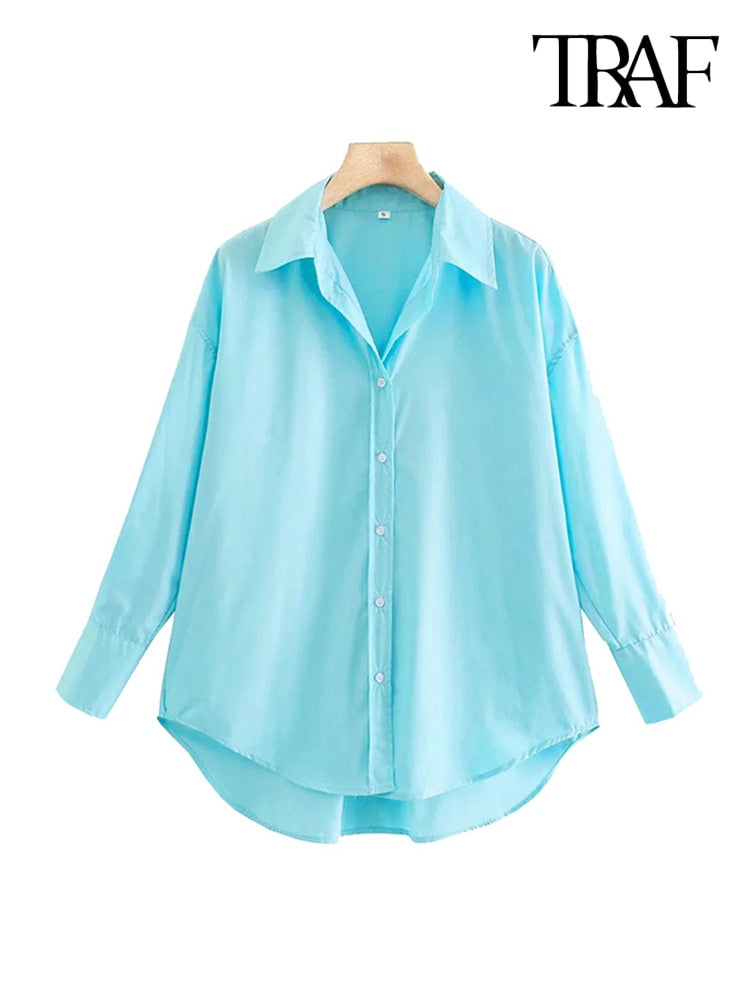 TRAF Women Fashion Loose Asymmetry Poplin Blouses Vintage Long Sleeve Button-up Female Shirts Blusas Chic Tops