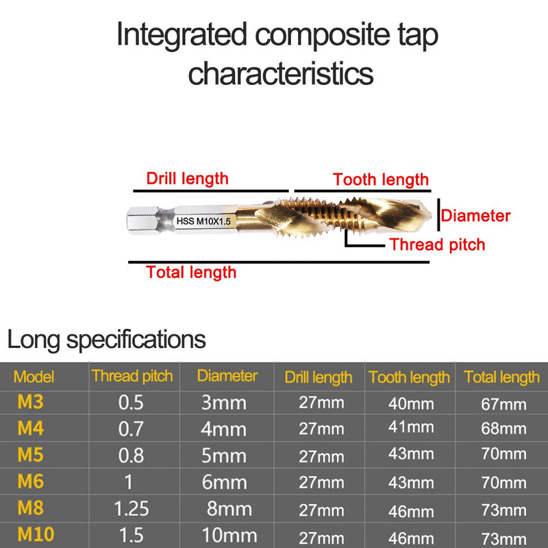 M3 M4 M5 M6 M8 M10 Tap Drill Titanium Plated Hex Shank HSS Screw Machine Compound Hand Tools Metric Thread Tap Drill Bits Set