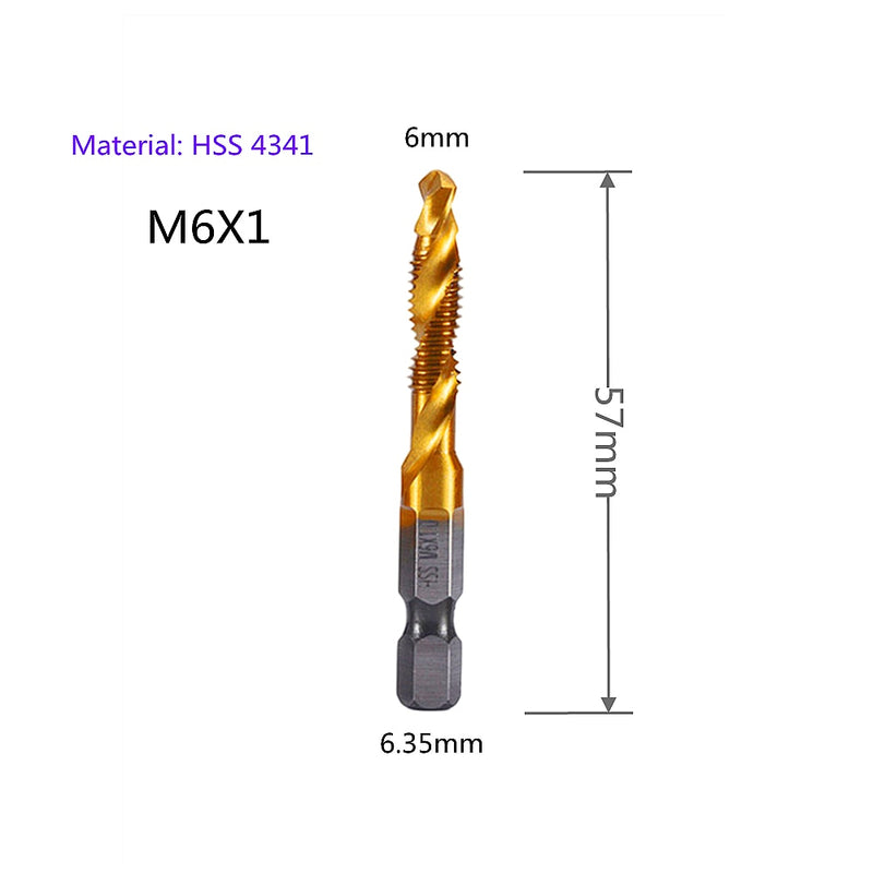1-6pc M3 M4 M5 M6 M8 M10 Tap Drill Bits 1/4 Hex Shank Machine Hand Taps Titanium Coated HSS Drilling Tap Bits Thread Screw Tools