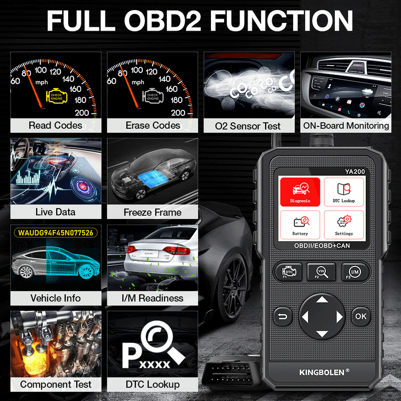 KINGBOLEN YA200 OBD2 Scanner Professional Auto Engine System Diagnostic Tool Lifetime Free Automotive DTC Lookup Code Reader
