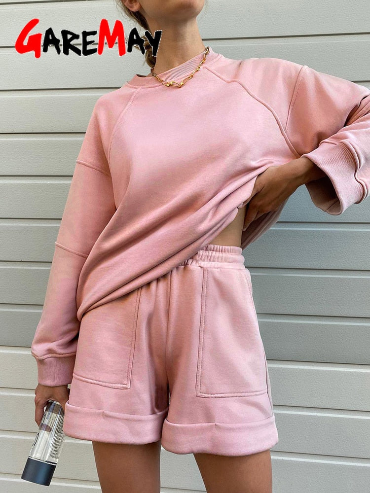 Spring Summer Women's Suit with Shorts Sweatshirt Loose Oversize Green Tracksuit 2 Piece Set Women's Shorts and Top Outfits 2022