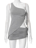 Jacqueline 2022 Drawstring Dress Summer Sets Womens Outfits Sexy One Shoulder Crop Top and Mini Skirts Sets Co-Ord Club Party