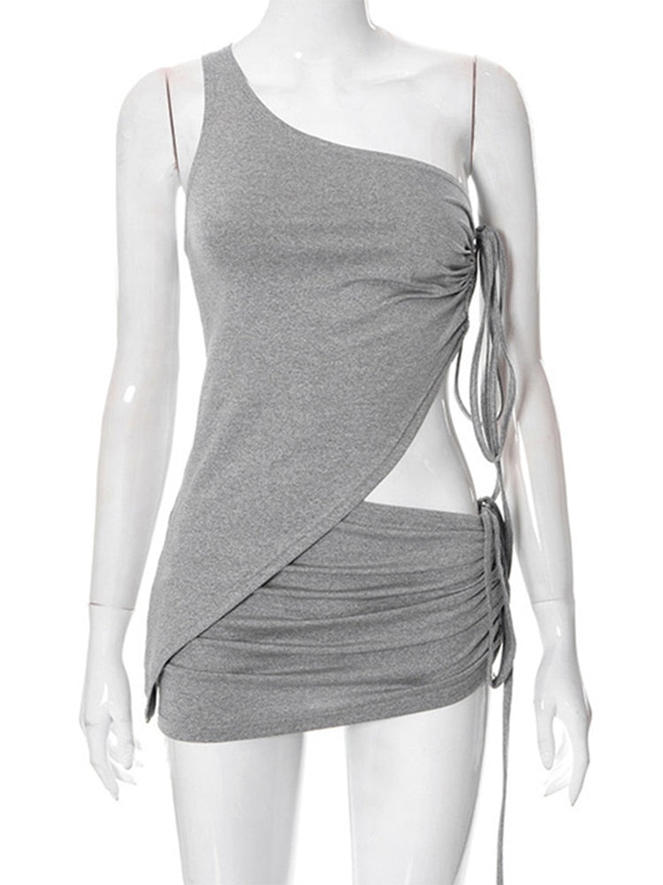 Jacqueline 2022 Drawstring Dress Summer Sets Womens Outfits Sexy One Shoulder Crop Top and Mini Skirts Sets Co-Ord Club Party
