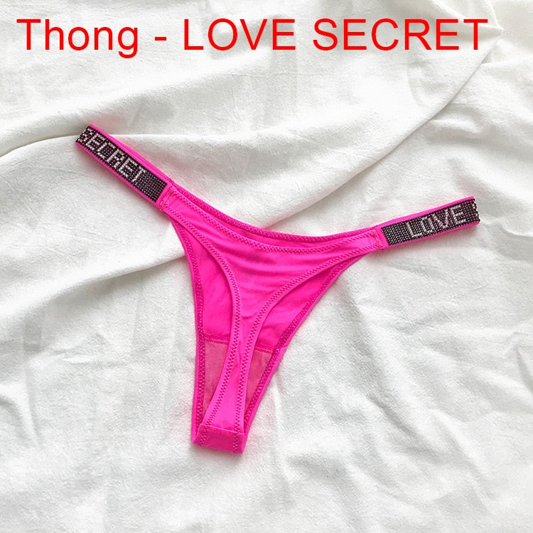 Sexy Women Pantie Crystal Rhinestone Letter Secret Underwear Fitness Gym Love Thongs Low Rise Tanga Female Push Up Lingerie