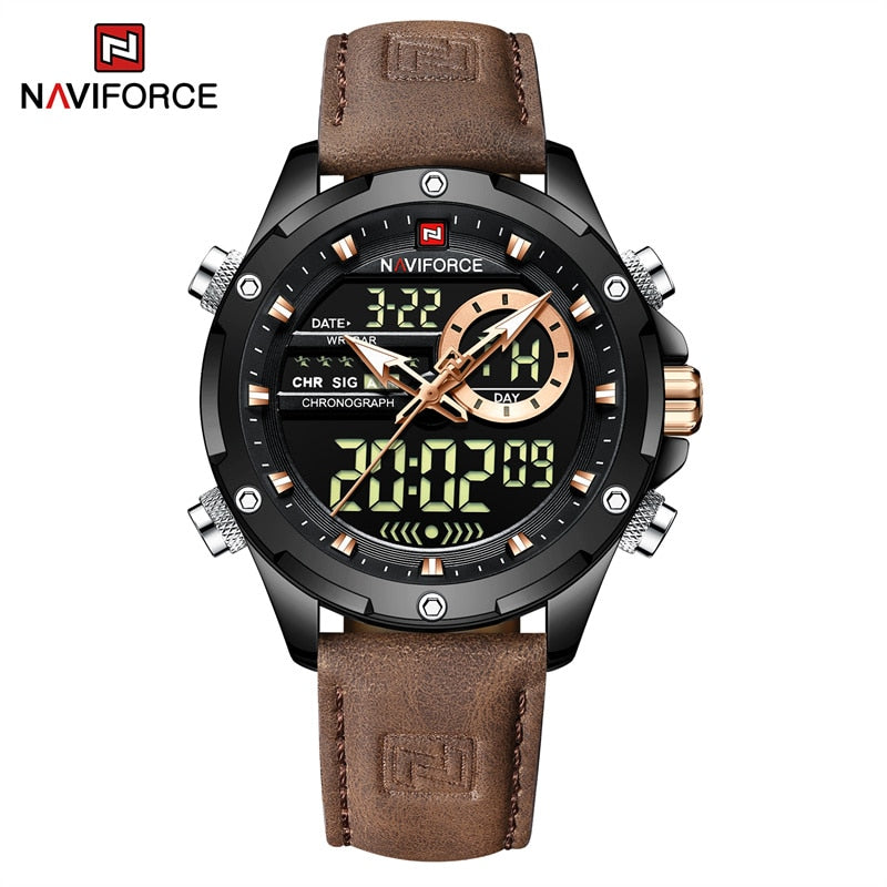 NAVIFORCE Luxury Gold Watches For Men Casual Sports Chronograph Alarm Quartz Wrist Watch Leather Waterproof Digital Clock 9163