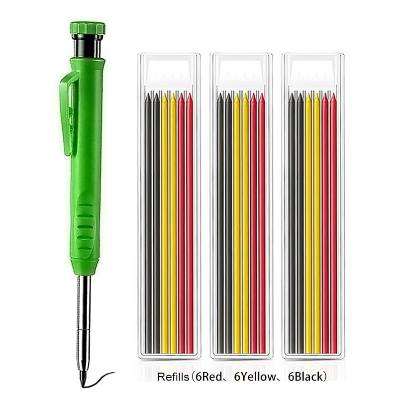 Solid Carpenter Pencil with Refill Leads and Built-in Sharpener for Deep Hole Mechanical Pencil Marker Marking Woodworking Tools