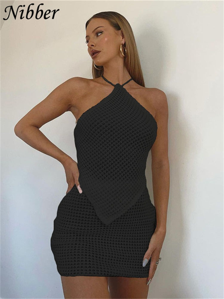 Nibber Sexy Knit 2 Two Piece Sets Women Diamond Lace Top Skinny Elastic Force Mini Skirts Suits Summer Female Club Outfits Y2K