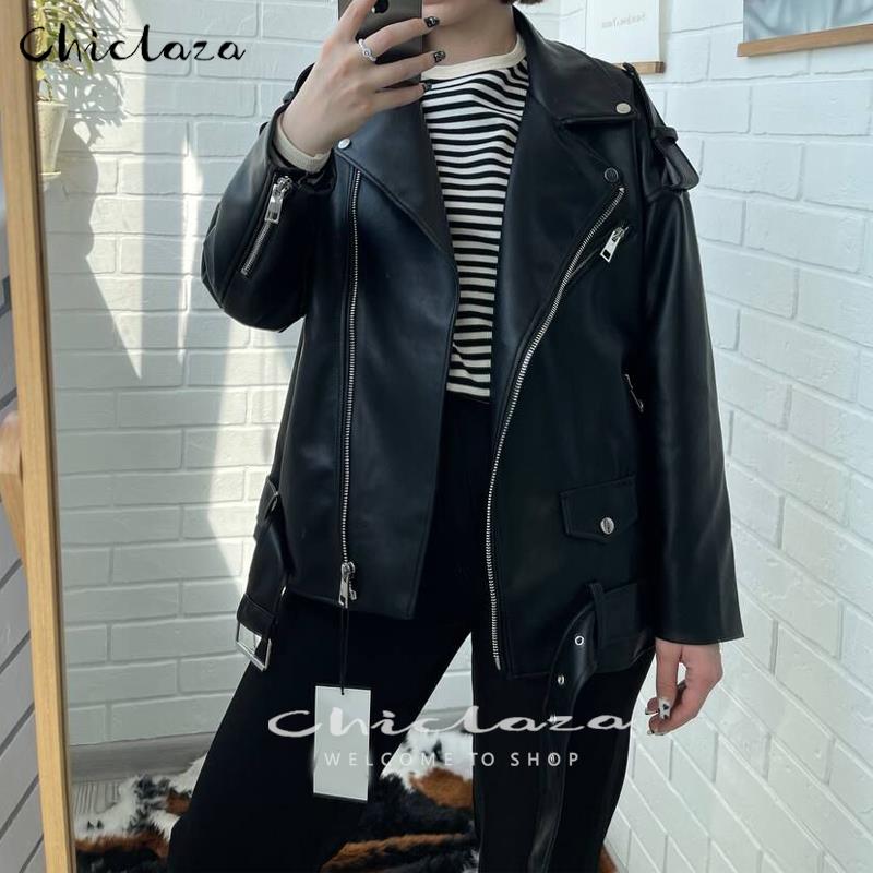 CHICLAZA Women 2022 Spring Fashion Black Faux Leather Jacket Ladies Casual Zipper Biker Coat Female Autumn Loose Couple Outwear