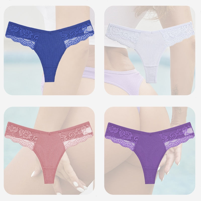 4PCS/Set Sexy Women Cotton Panties Lace Thong Underwear for Female Intimates Lingerie T-Back Floral Hollow Out Plus Size Panties