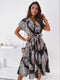 2022 Summer Balck White Print Dress Women Short Sleeve A-Line Midi Dress With Belt Bandage Party Dresses Vestidos Mujer Verano