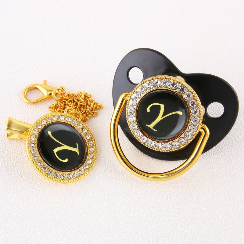 Black Bling Baby Pacifier And Clip Alphabet Letter M Infant Pacifier Gold Letter Unique Name Initials Baby Shower Gift