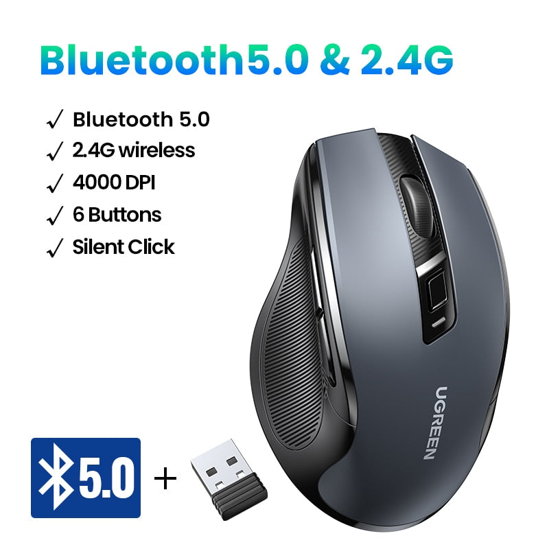 【New-in Sale】UGREEN Wireless Mouse Bluetooth 5.0 Ergonomic 4000 DPI 6 Mute Buttons For MacBook Tablet Laptop PC 2.4G Mice Mouse