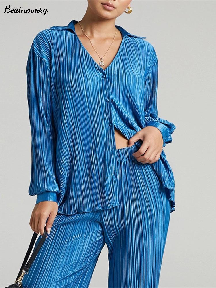Ladies Shirt Suits Pleated Notched Single-Breasted Female Cardigan Two-Piece Loose Shirts and High-Waist Wide-Leg Pants Sets