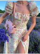 NewAsia Floral Print Dress Sweet Square Neck Puff Sleeve Side Spilt Drawstring Maxi Dresses for Women Party Chic Casual Outfits