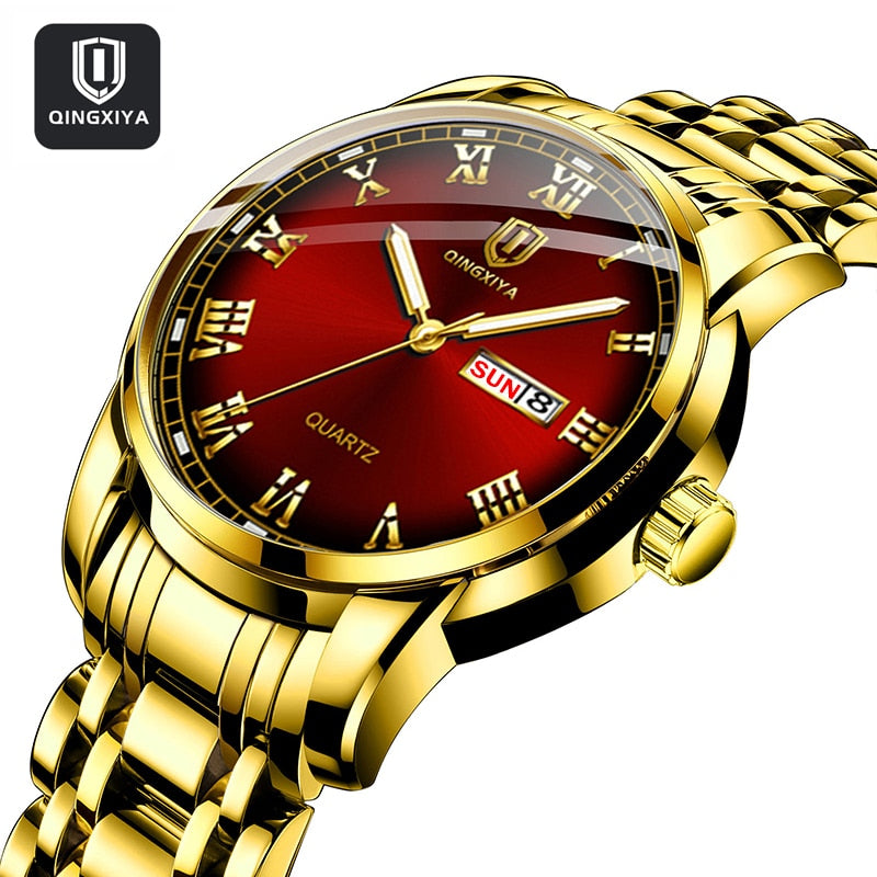 QINGXIYA Top Brand Luxury Gold Red Quartz Watch Men Stainless Steel Luminous Waterproof Watches Week Calendar Business Watch Men