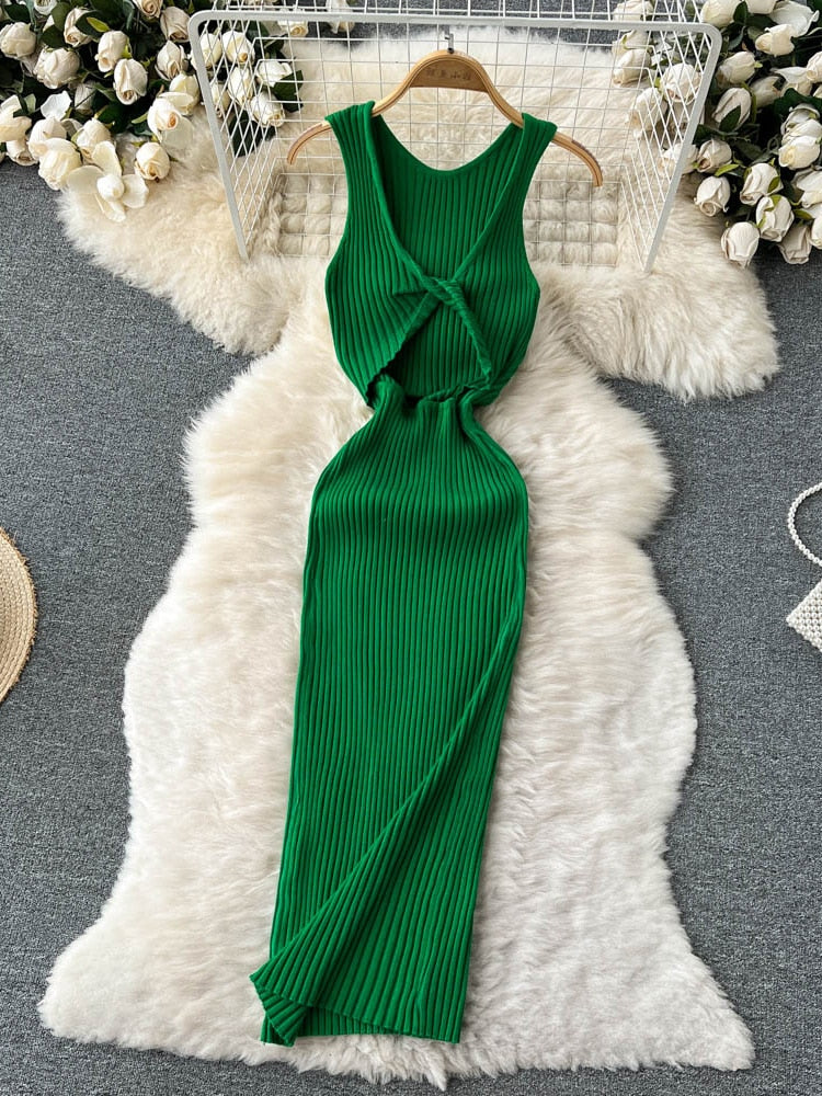 ALPHALMODA 2021 Summer Hollow Out Twisted Back Sleeveless High Slit Sexy Women Knitted Dress Solid Color Feminine Mid-calf Dress