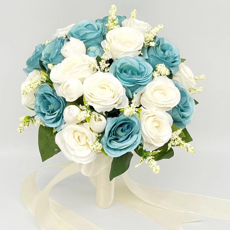 Holding Flowers Artificial Natural Rose Wedding Bouquet with Silk Satin Ribbon Pink White Champagne Bridesmaid Bridal Party