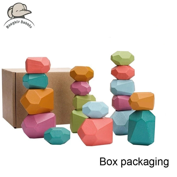 Wooden Rainbow Stones Building Blocks Colorful Wood Toy Block Stacker Balancing Games Montessori Educational Toys for Children