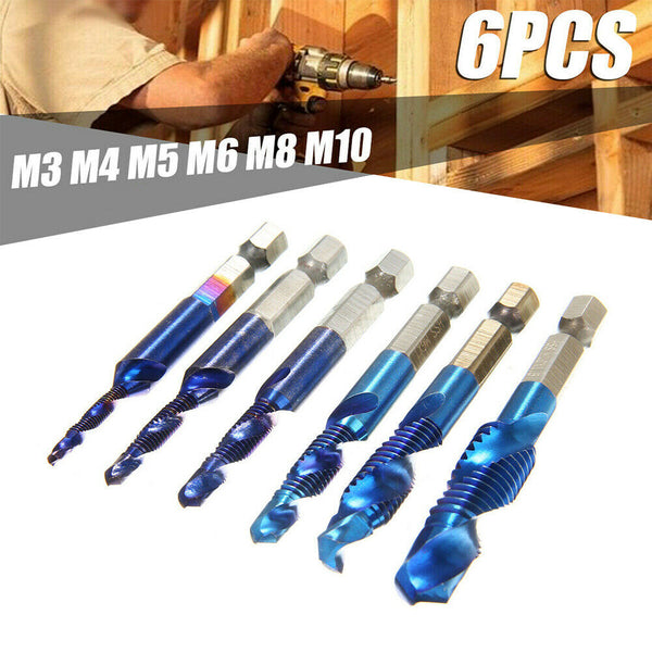 6Pcs M3-M10 Hex Shank Titanium Plated HSS Screw Thread Metric Tap Drill Bits Screw Machine Compound Thread Hand Tools
