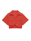 TRAF Women Fashion Front Knot Elastic Linen Cropped Shirts Vintage Short Sleeve Patch Pockets Female Blouses Blusa Chic Tops
