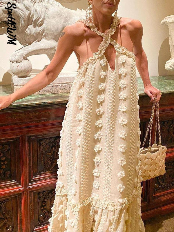 Sleeveless Halter Maxi Summer Dress For Women Fashion Ruffle Beach Long Robe 2022 Elegant Slip Holiday Hollow Out Sundress