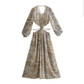 Women Elegant Print Backless Dress 2022 Summer Boho Long Sleeve Floral Hollow Out Dress Casual Loose Beach Vacation Lady Dresses