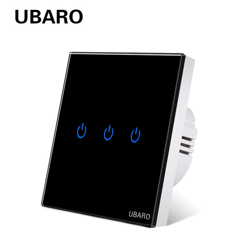 UBARO Eu AC100-240V Tempered Black White Crystal Glass Touch Switch Panel Wall Light Sensor Button 1/2/3 Gang 10A Interruptor