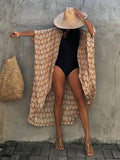 Fitshinling Summer Vintage Kimono Swimwear Halo Dyeing Beach Cover Up With Sashes Oversized Long Cardigan Holiday Sexy Covers
