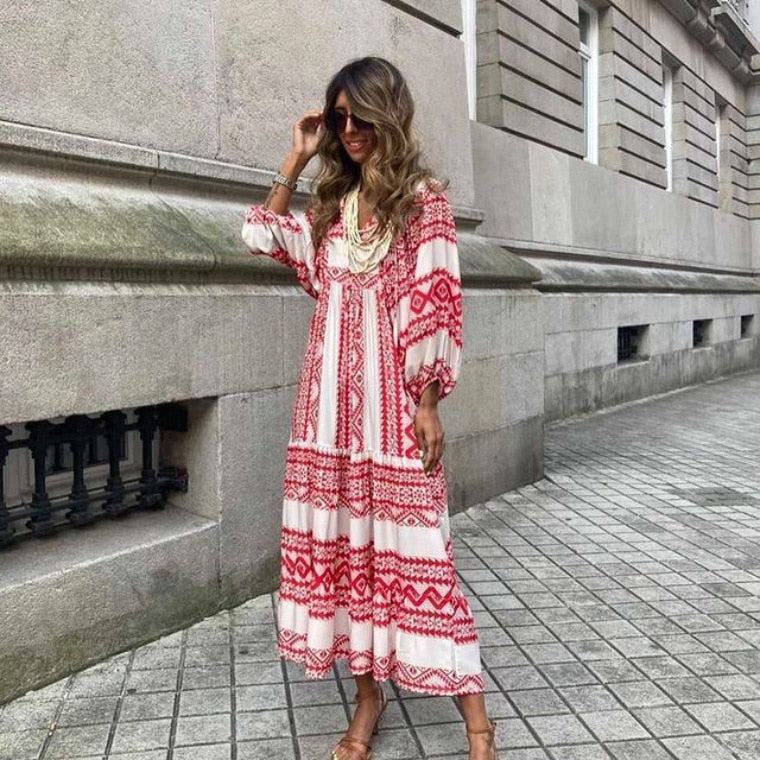 Summer Puff Sleeve Long Dress Women Geometric Print Splicing Half Sleeve Dress Elegant V-Neck Loose Holiday Beach Dress Vestidos