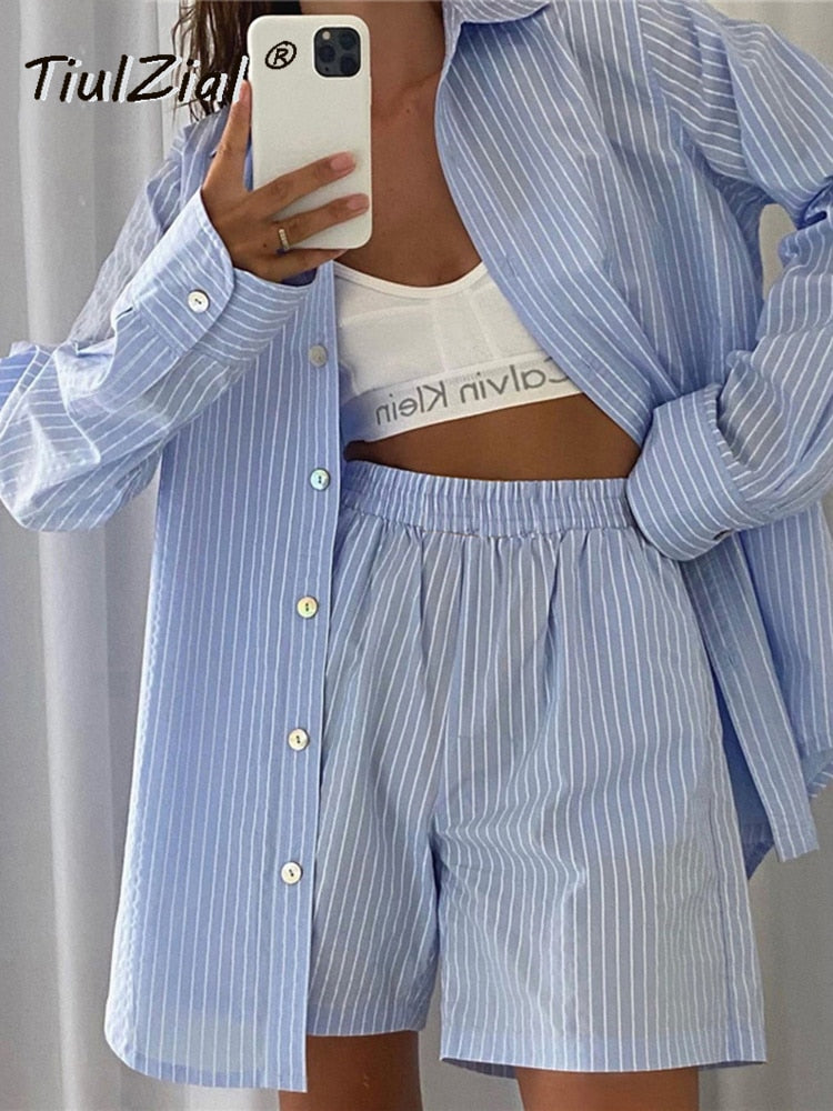 TiulZial Casual Women Short Set Tracksuit Loungewear Two Piece Women Outfits Oversized Long Shirt And High Waist Shorts Green