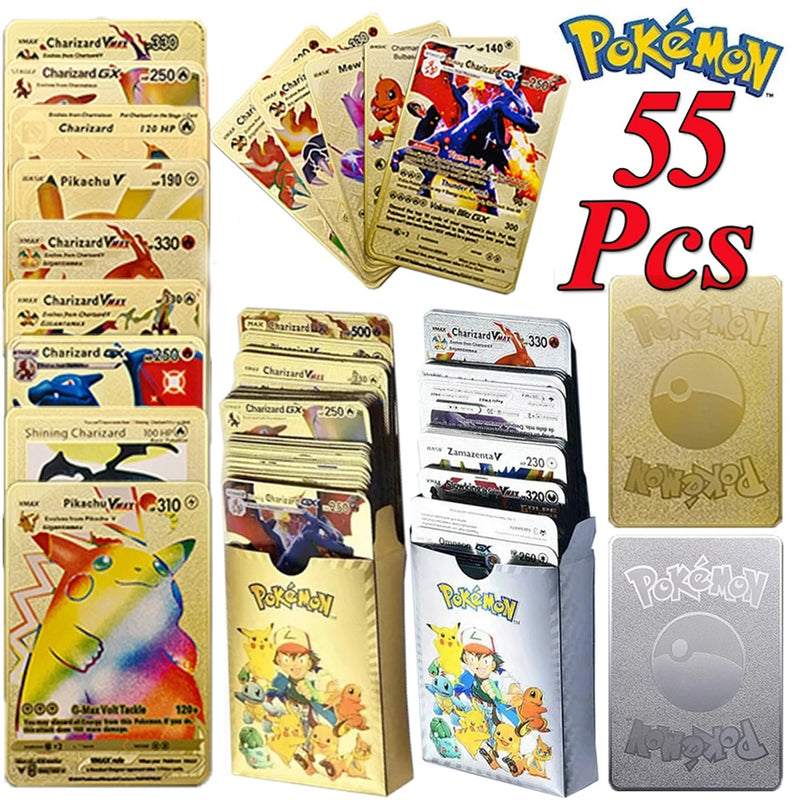 New Pokemon Cards Metal Gold Silver Vmax GX Card Box Charizard Pikachu Rare Collection Battle Trainer Card Children Toys Gift