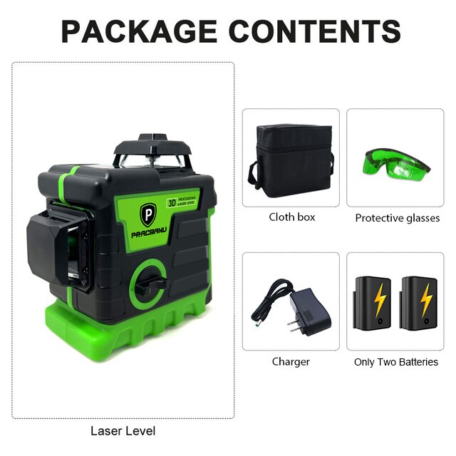 Pracmanu 12 Lines 3D Green Laser Level Horizontal and Vertical Cross Lines with 360°Auto Self-Leveling laser level 1/2 Batteries