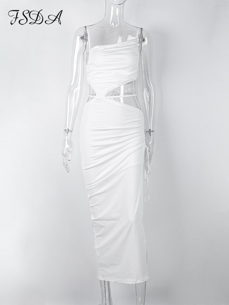 FSDA Green Beach Midi Dress Bodycon Women Hollow Out 2022 Summer White Sleeveless Backless Sexy Dresses Casual