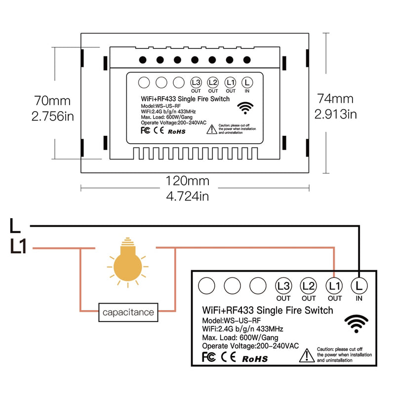 MOES WiFi Smart Light Switch RF433 No Neutral Wire Single Fire Smart Life Tuya App Control Works with Alexa Google Home 110/220V