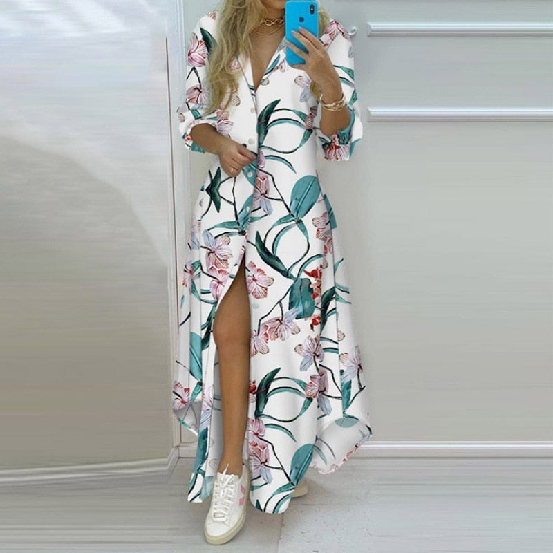 Women Boho Shirt Dress Summer Turn-down Collar Single Breasted Button Irregular Long Dress Female Sexy Letter Print Maxi Dresses