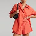Women Casual Tracksuit Shorts Set Summer Long Sleeve Shirt Tops And Mini Drawstring Shorts Suit Lounge Wear Two Piece Set