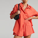 Women Casual Tracksuit Shorts Set Summer Long Sleeve Shirt Tops And Mini Drawstring Shorts Suit Lounge Wear Two Piece Set