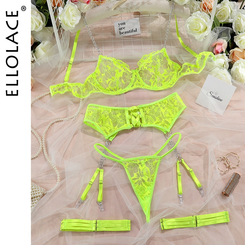Ellolace Lingerie Luxury Lace Female Underwear Transparent Bra Panty Sets  With Chain Fancy See Through Exotic Sets 4 Pi