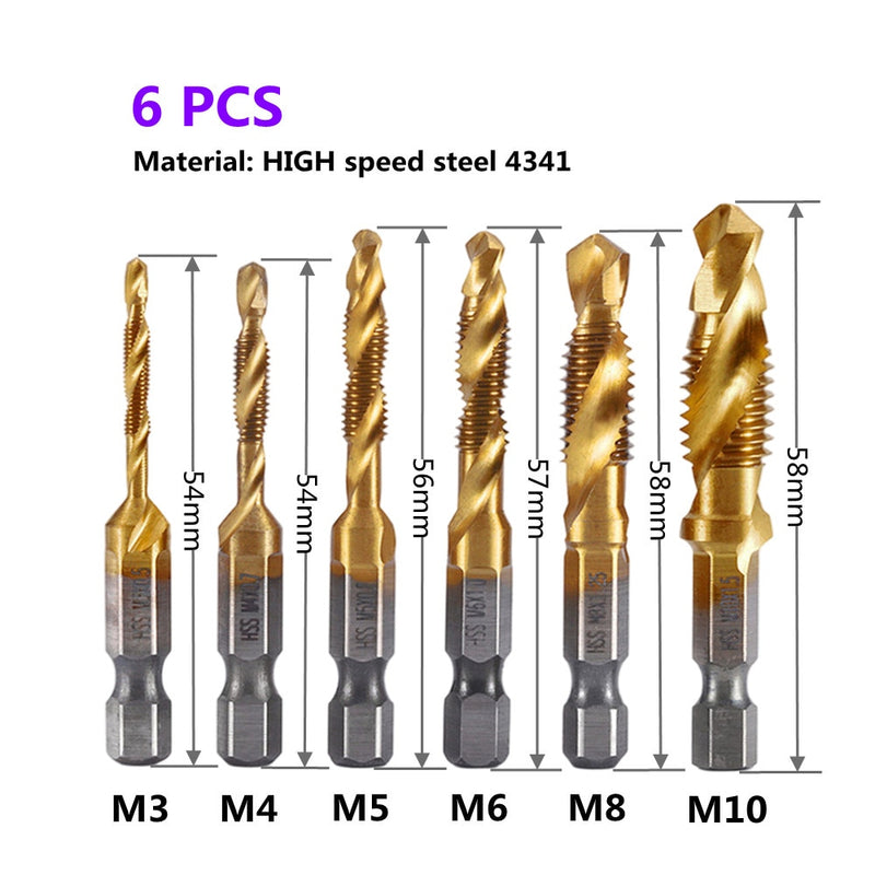 1-6pc M3 M4 M5 M6 M8 M10 Tap Drill Bits 1/4 Hex Shank Machine Hand Taps Titanium Coated HSS Drilling Tap Bits Thread Screw Tools