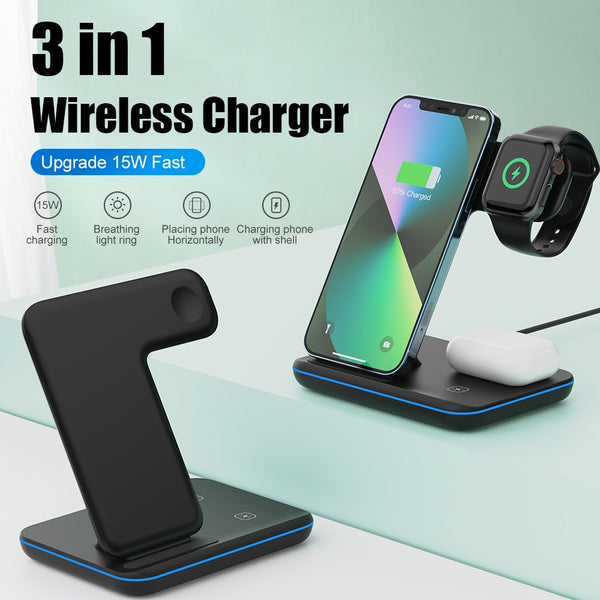 3 in 1 Wireless Charger Stand 15W Qi Fast Charging Dock Station for Apple Watch iWatch 7 AirPods Pro For iPhone 13 12 XS 8 Plus