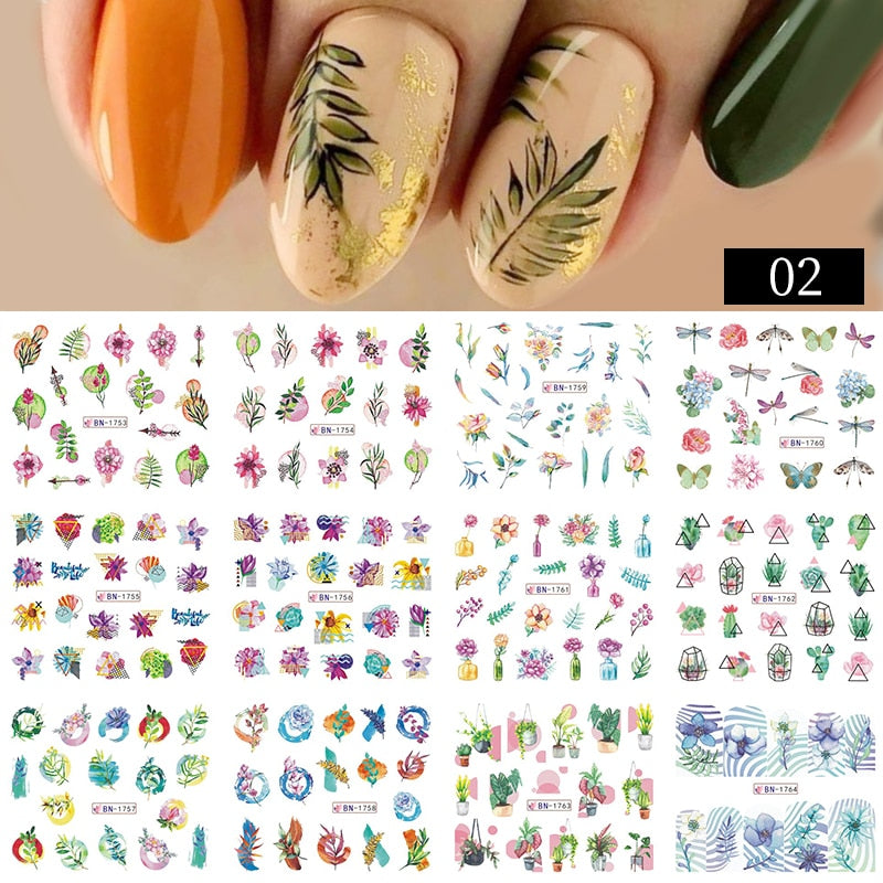 12 Designs Nail Stickers Set Mixed Floral Geometric Nail Art Water Transfer Decals Sliders Flower Leaves Manicures Decoration