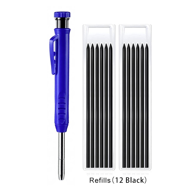 Solid Carpenter Pencil with Refill Leads and Built-in Sharpener for Deep Hole Mechanical Pencil Marker Marking Woodworking Tools