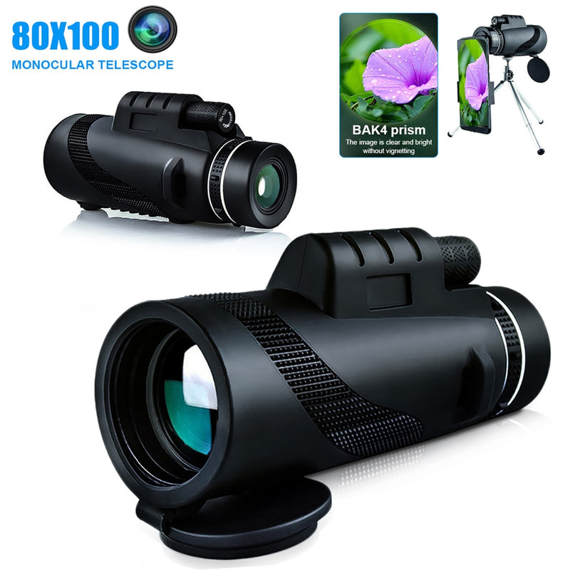 80X100 Hd Monocular Telescope 8000M Long Range Zoom Bak4 Prism Telescope with/without Tripod Phone Clip Hunting Outdoor Camping