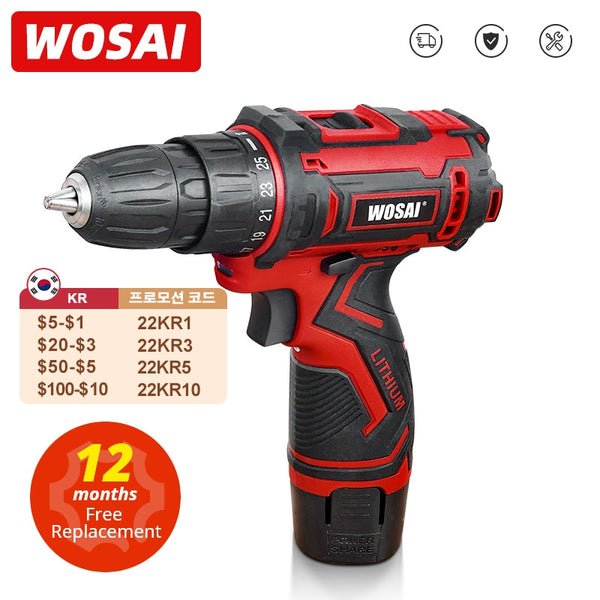 WOSAI 12V Max Electric Screwdriver Cordless Drill Mini Wireless Power Driver DC Lithium-Ion Battery 3/8-Inch 2-Speed