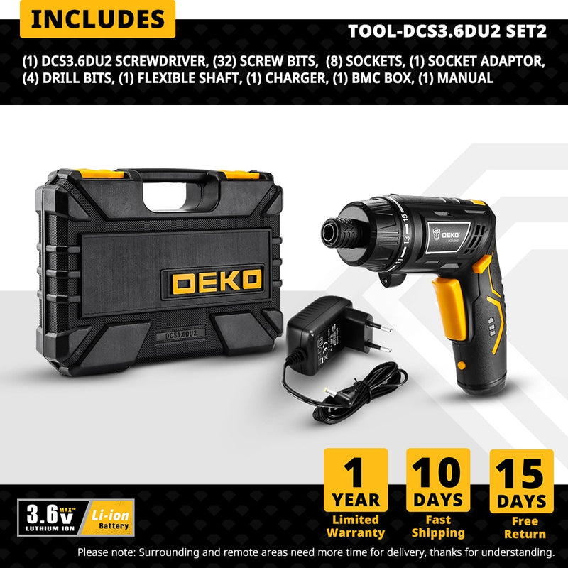DEKO DKCS3.6O1/DCS3.6DU2 Electric Cordless Screwdriver  Keyless Chuck Charging Battery
