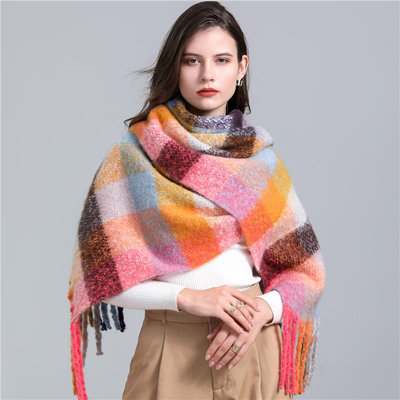 2022 New Women Plaid Scarf Winter Pashmina Shawls Cashmere Thick Wraps Lady Tassel Warm Scarves Rainbow Hairy Bufanda