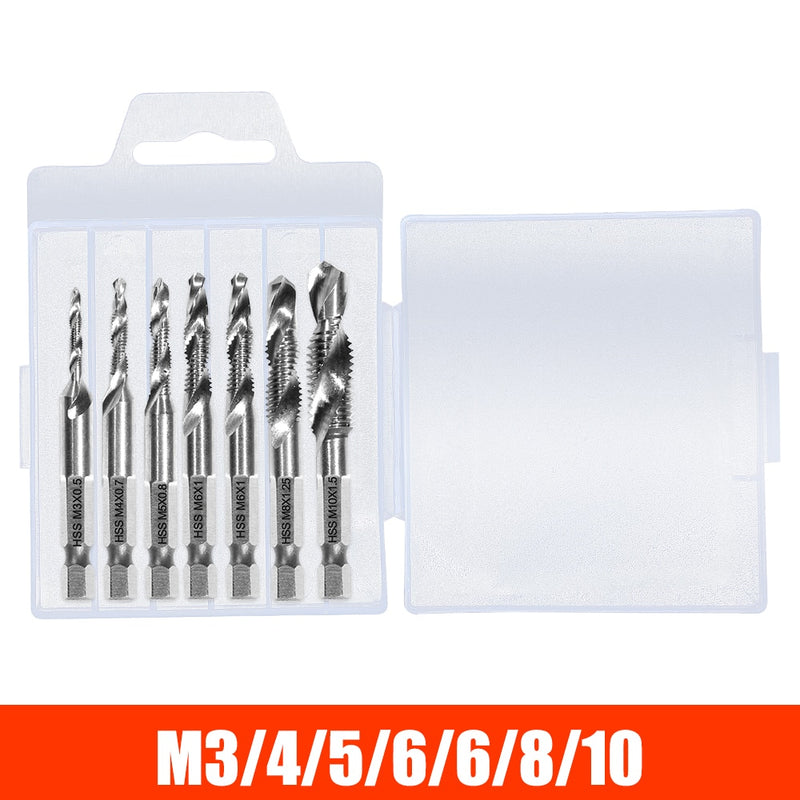M3 M4 M5 M6 M8 M10 Tap Drill Titanium Plated Hex Shank HSS Screw Machine Compound Hand Tools Metric Thread Tap Drill Bits Set
