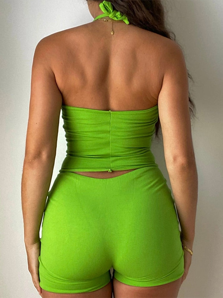 Jacqueline 2022 Drawstring Dress Summer Sets Womens Outfits Sexy One Shoulder Crop Top and Mini Skirts Sets Co-Ord Club Party