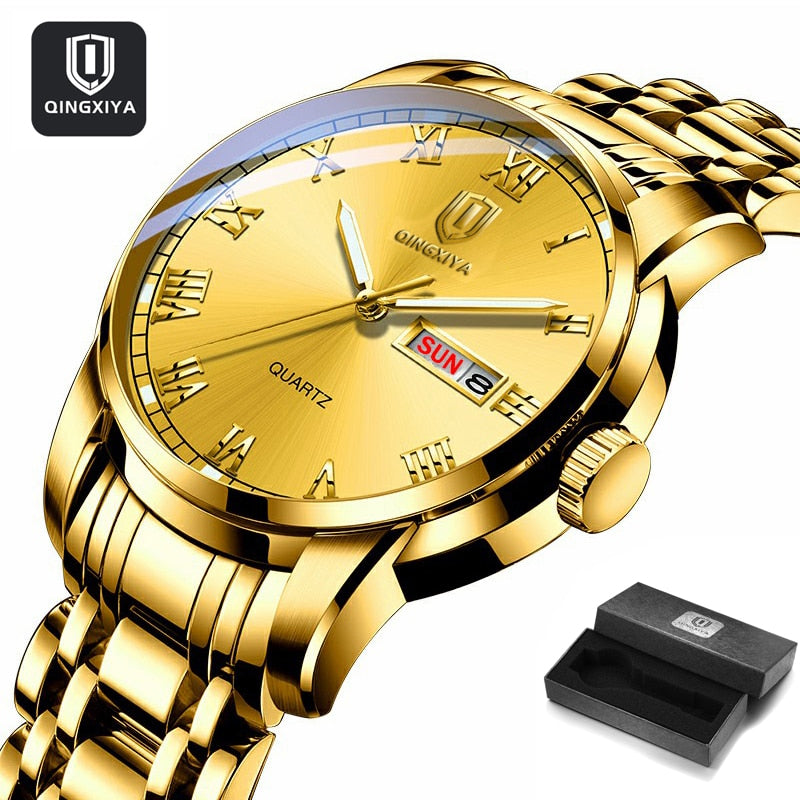 QINGXIYA Top Brand Luxury Gold Red Quartz Watch Men Stainless Steel Luminous Waterproof Watches Week Calendar Business Watch Men